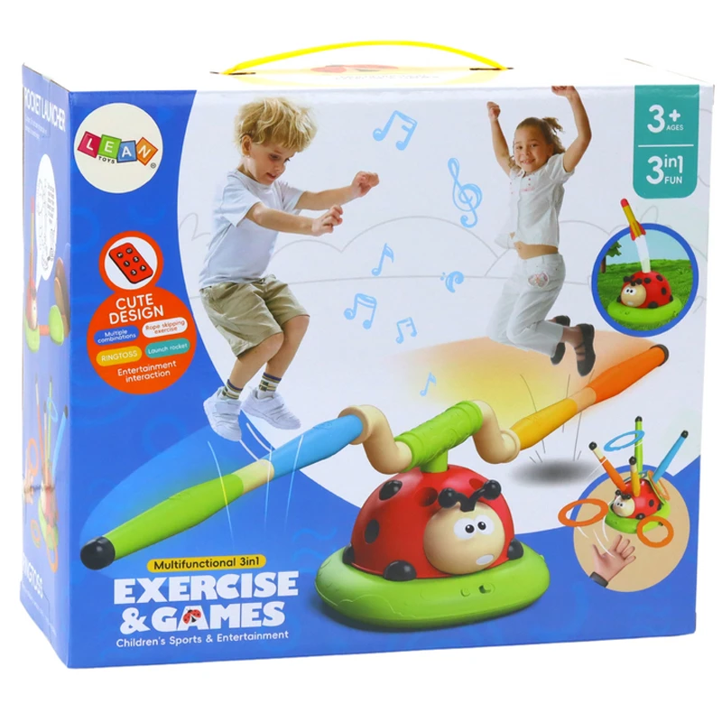 3 in 1 Ladybug Sport Entertainment Exercise Game Toy, Multifunction Rope Skipping Machine Ferrule Jump Rocket Launcher , Ring Toss Game Outdoor Fun For Age 3-6 Years